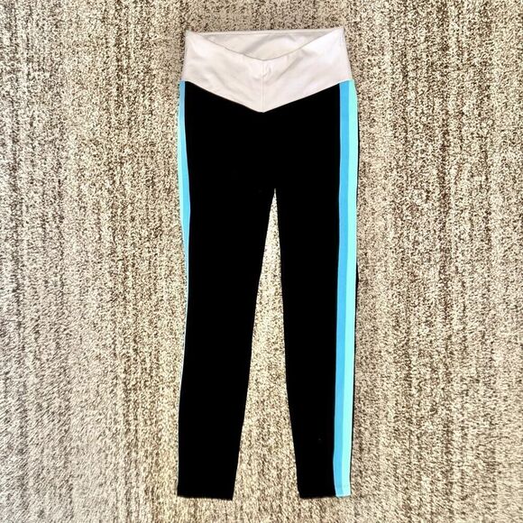 New Balance Women's Staud Striped Stretch Athletic Legging Pants in Black/Blue - Picture 3 of 7